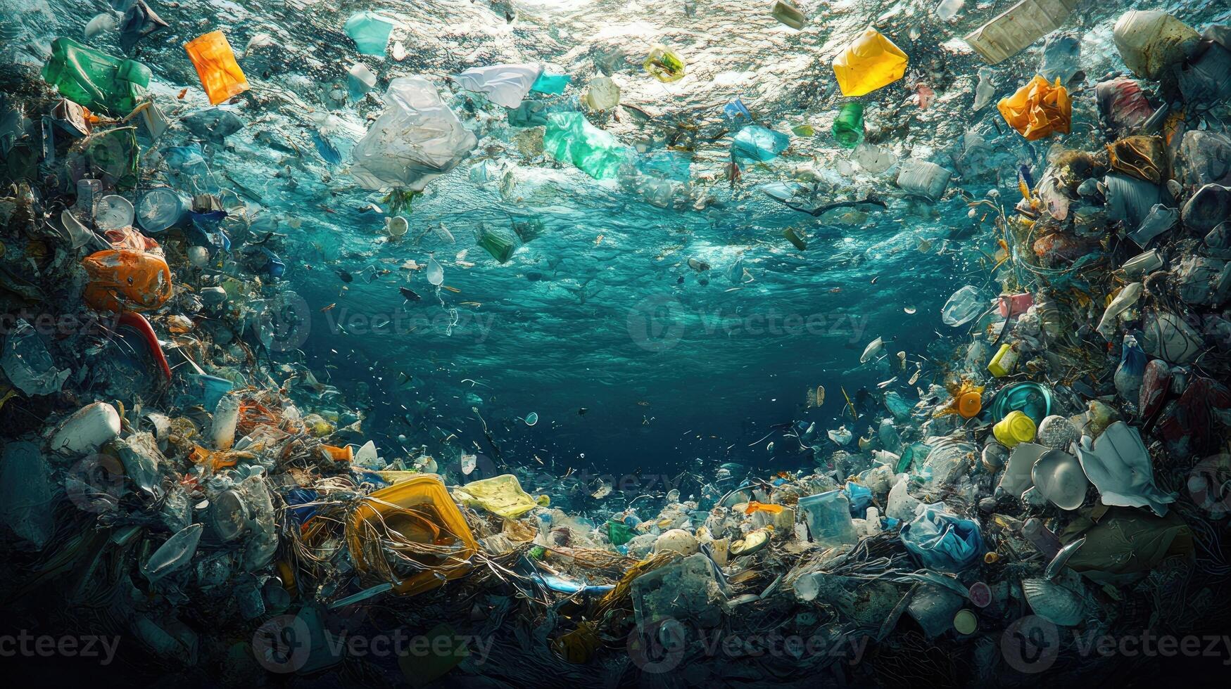 Plastic garbage floating underwater in a polluted ocean photo