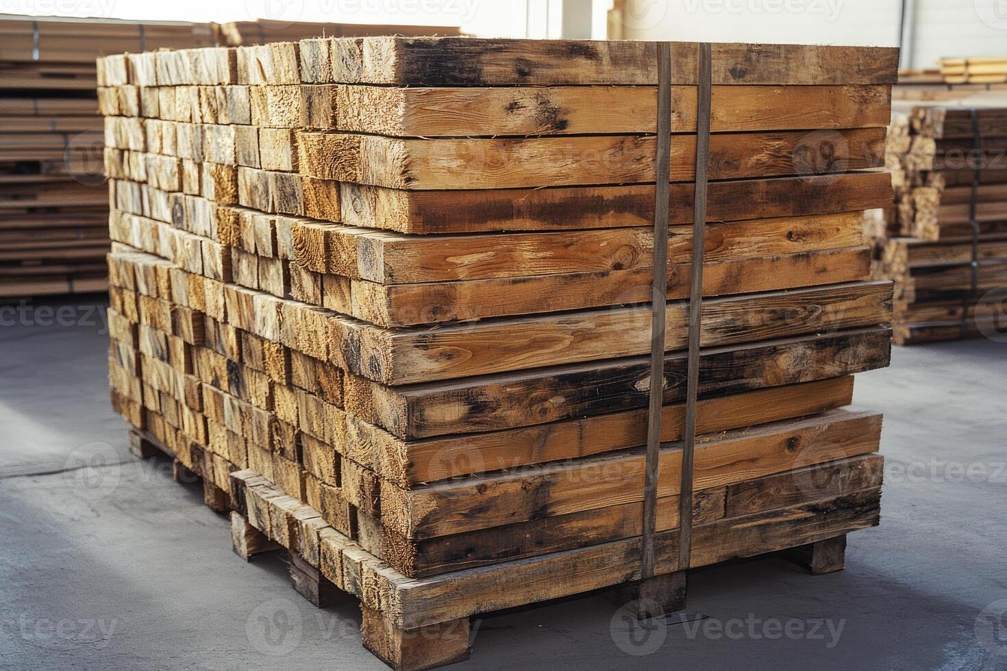 Stack of wooden planks forming a large pile in lumber warehouse photo