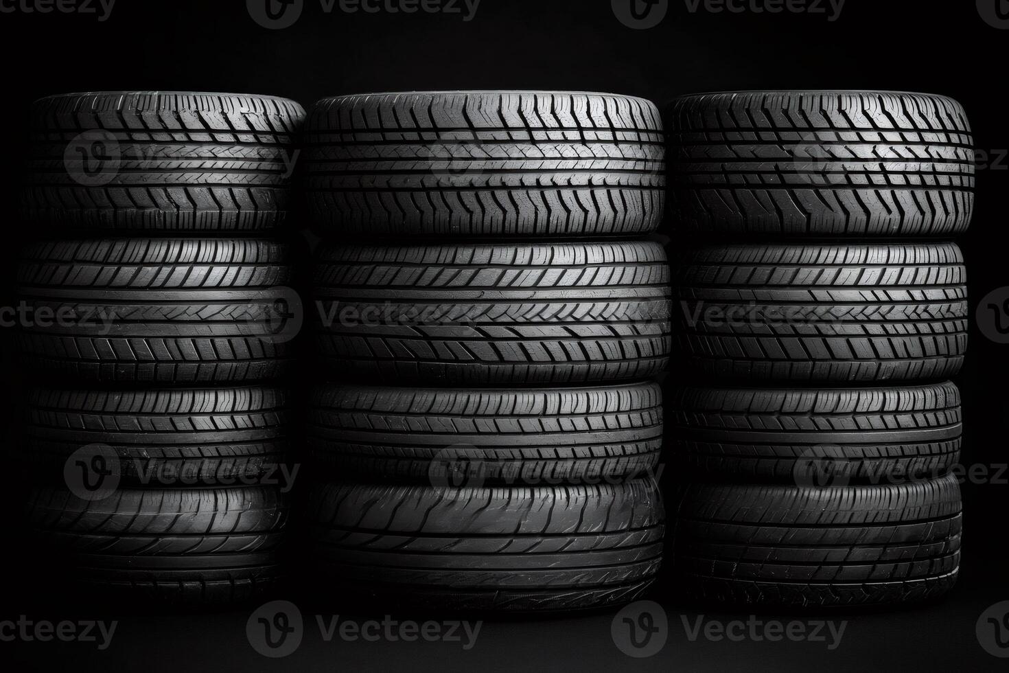 Stacks of car tires forming a wall on black background photo