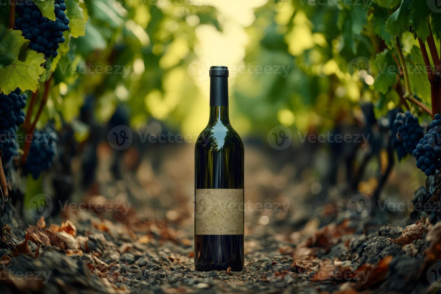 Bottle of red wine standing on the ground in a vineyard during sunset photo