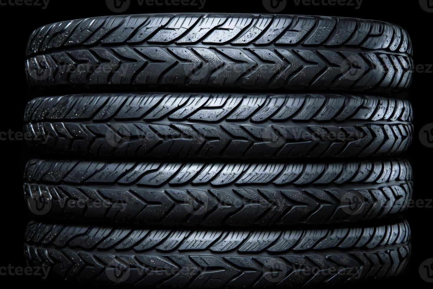 Wet car tires stacked on black background showing tread pattern photo
