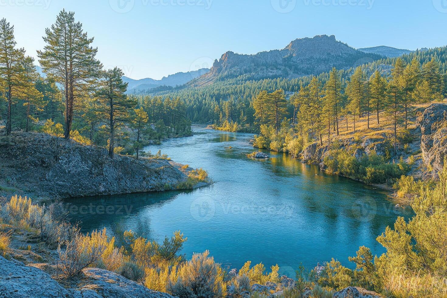 Spokane river flowing through evergreen forest in riverside state park at sunset photo