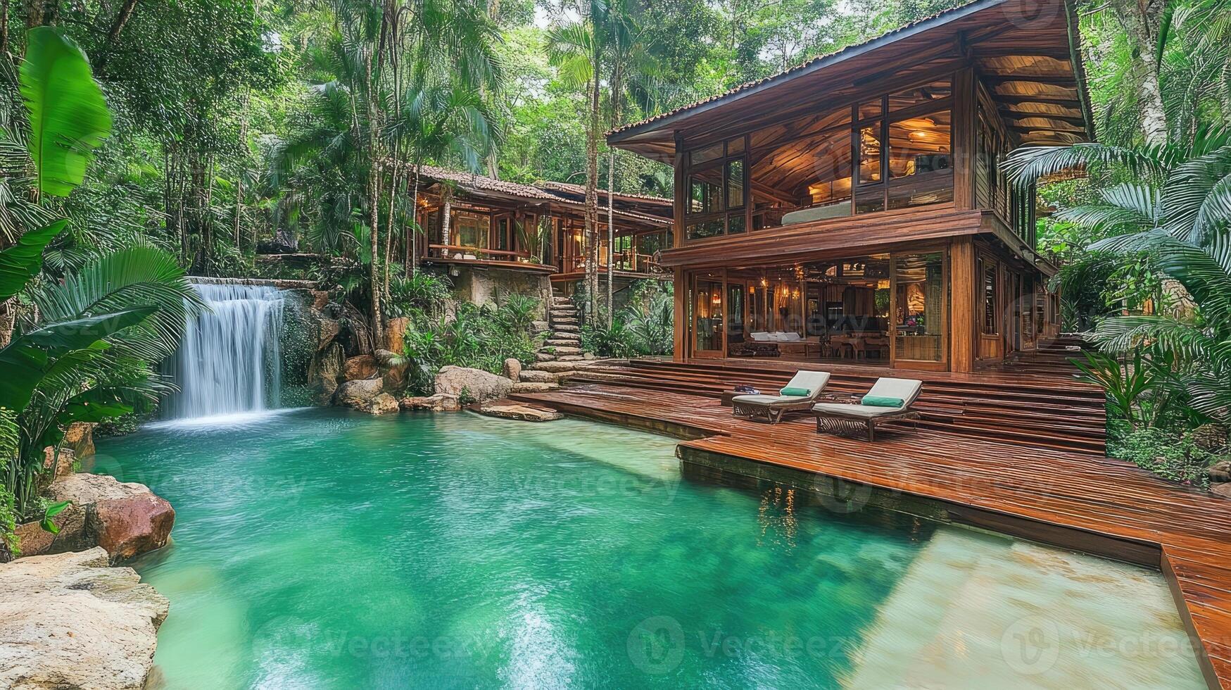 Luxurious tropical hotel room with private waterfall and pool surrounded by jungle photo