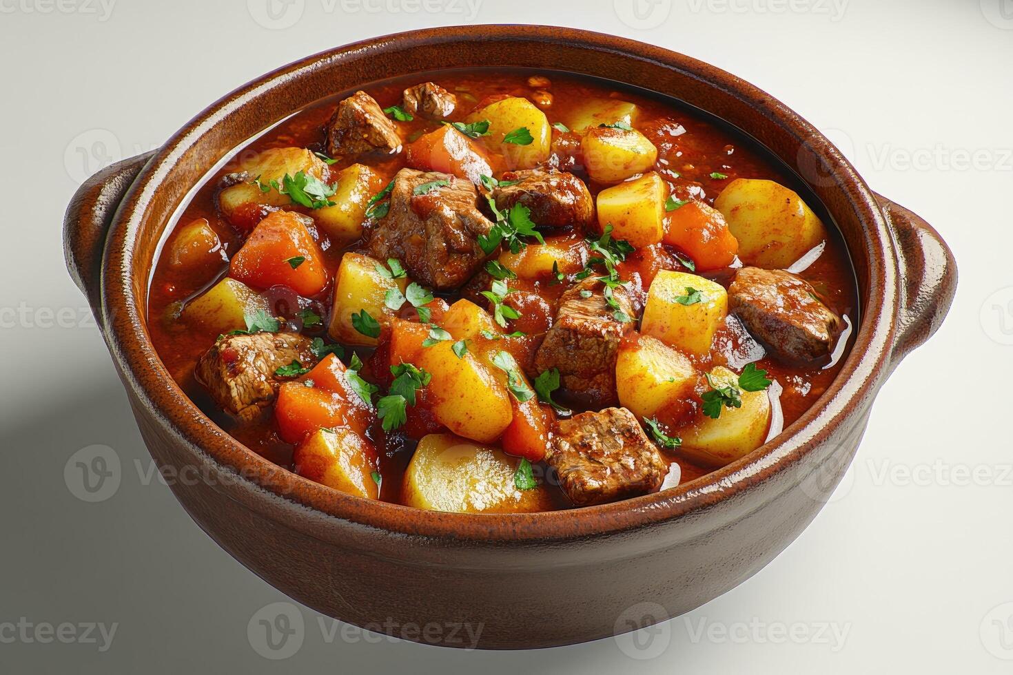 Delicious beef stew simmering in earthenware pot with potatoes and carrots photo