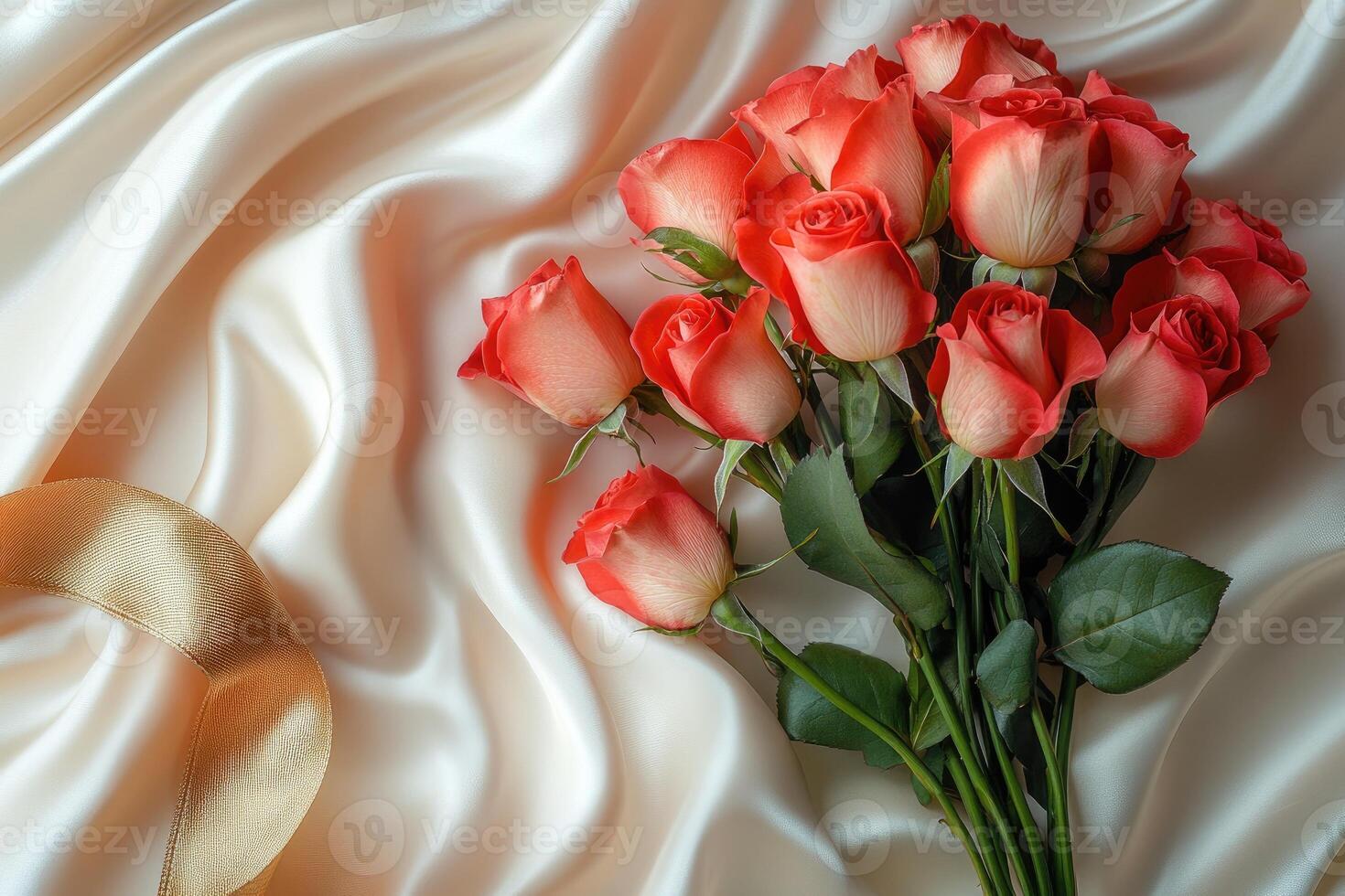 Bouquet of beautiful coral roses lying on silk background photo