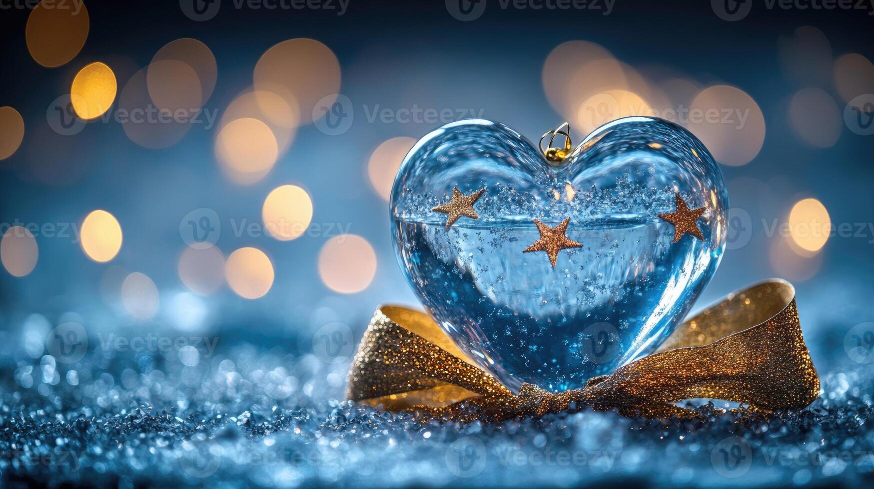 Glass heart ornament with golden stars and ribbon on sparkling blue background photo