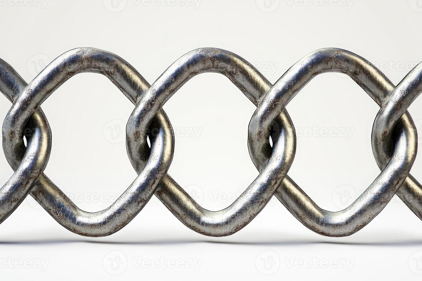 Interlocking metal chain links forming strong connection on white background photo