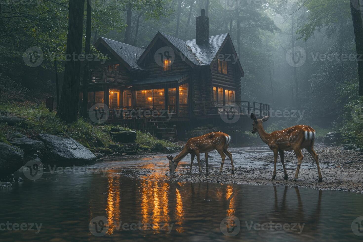 Two deer drinking in river by cozy log cabin in misty forest photo