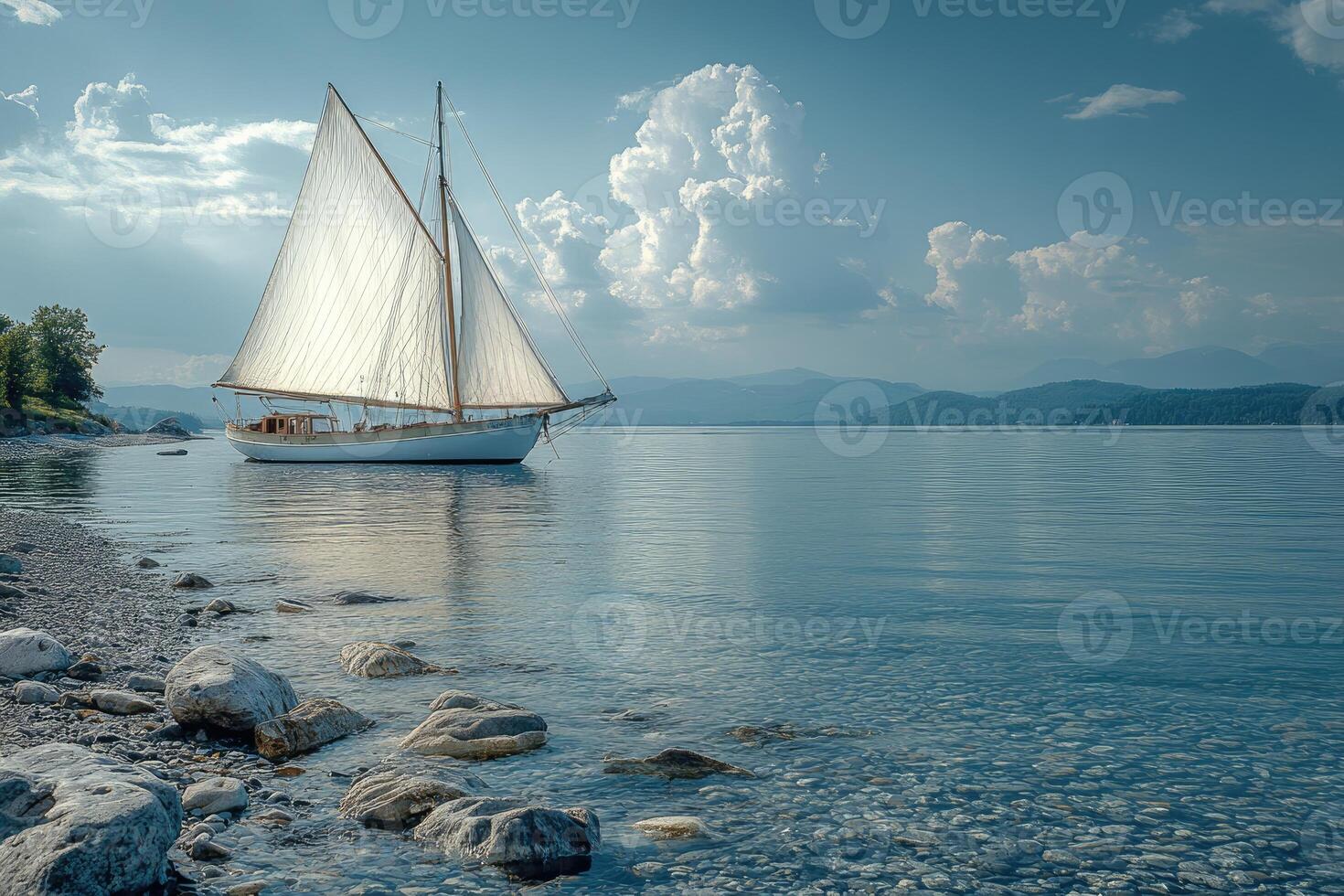 Classic wooden sailing yacht moored in calm turquoise bay with rocky coastline photo