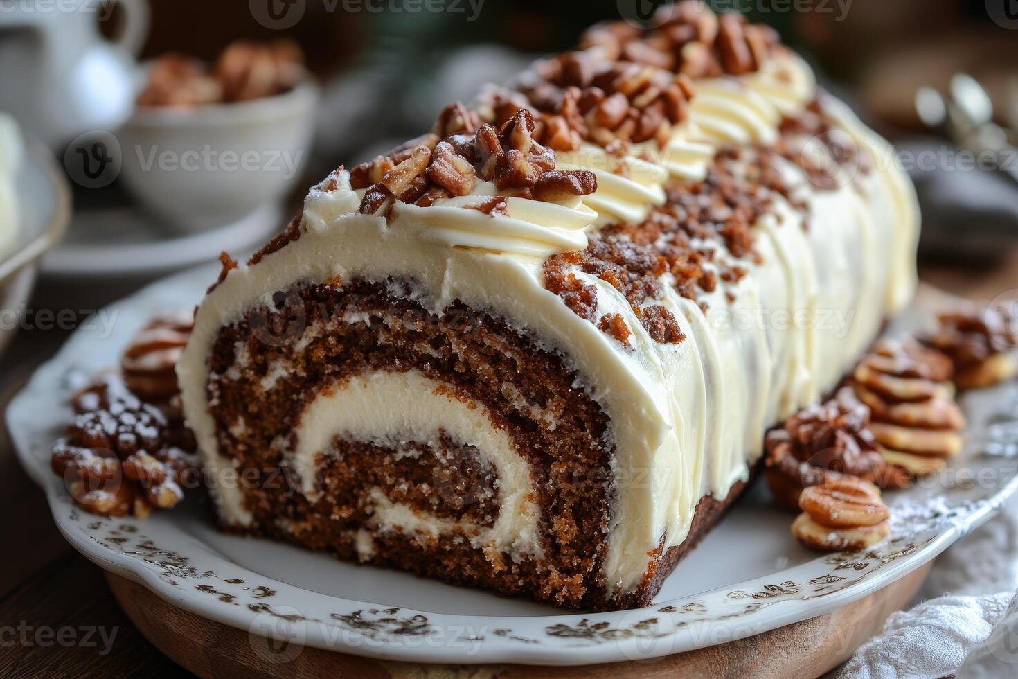 Delicious homemade pumpkin roll cake with cream cheese frosting and pecan topping photo