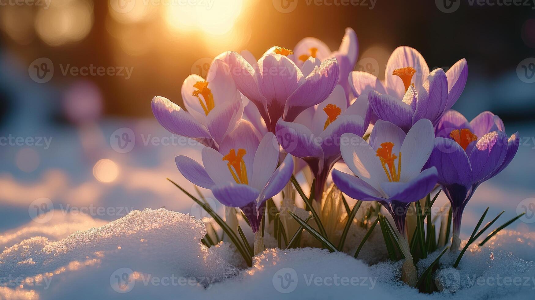 Purple crocuses blooming in snow at sunset in mountains photo