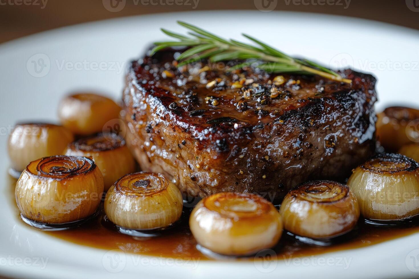 Grilled beef steak with roasted onions and rosemary on white plate photo