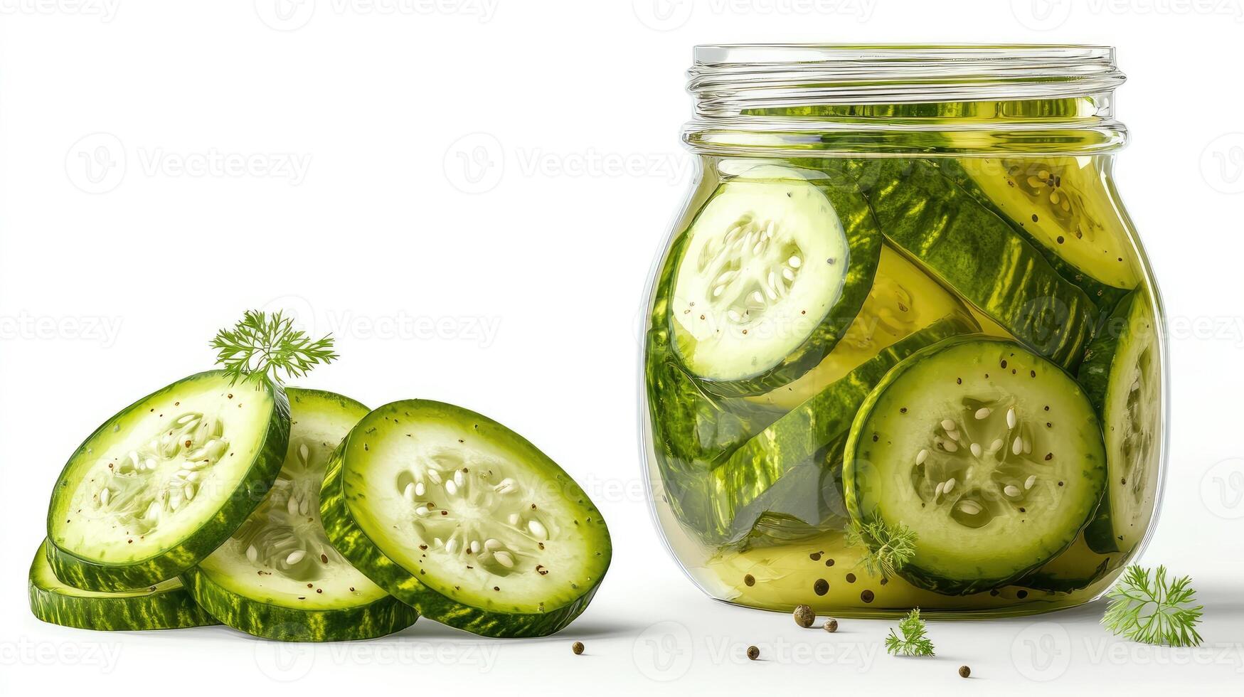 Sliced pickled cucumbers preserved in jar displaying culinary craftsmanship photo