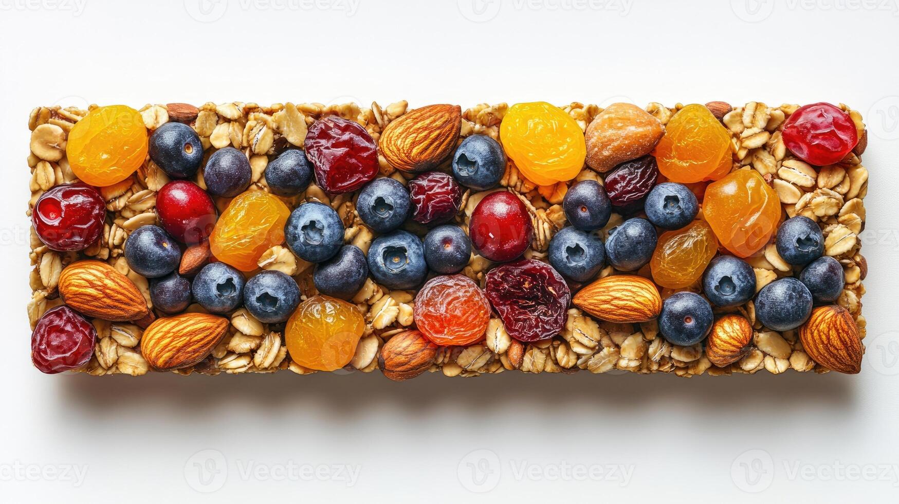 Granola bar ingredients arranged in rows, forming a vibrant and healthy snack display photo
