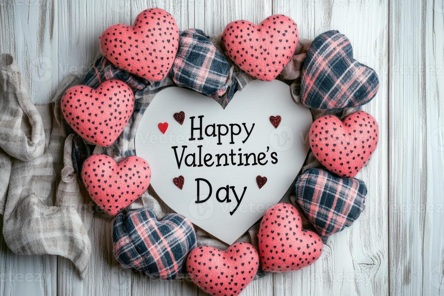 Heart shaped decoration wishing happy valentine's day surrounded by handmade hearts on white wood background photo
