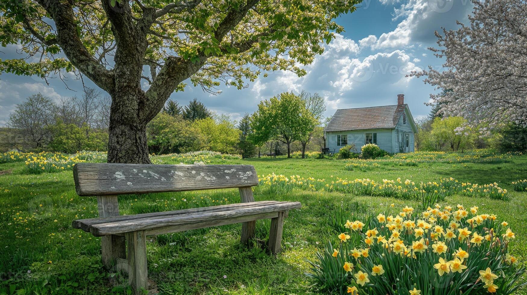 Wooden bench resting under a tree near blooming daffodils and a cozy cottage photo