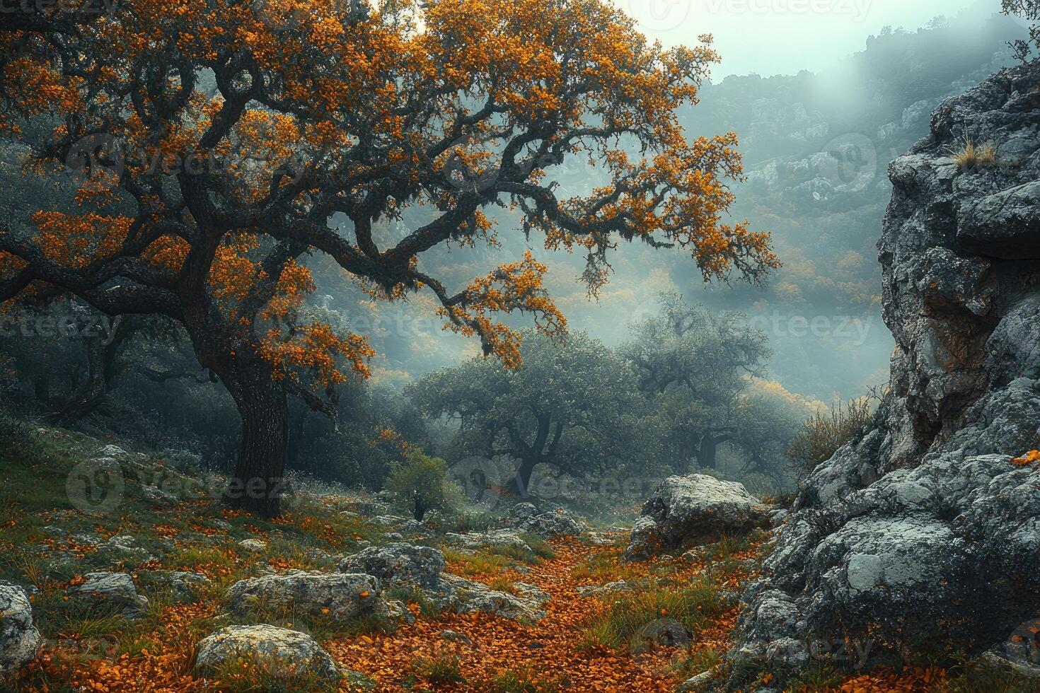 Golden autumn leaves falling on a misty forest path photo