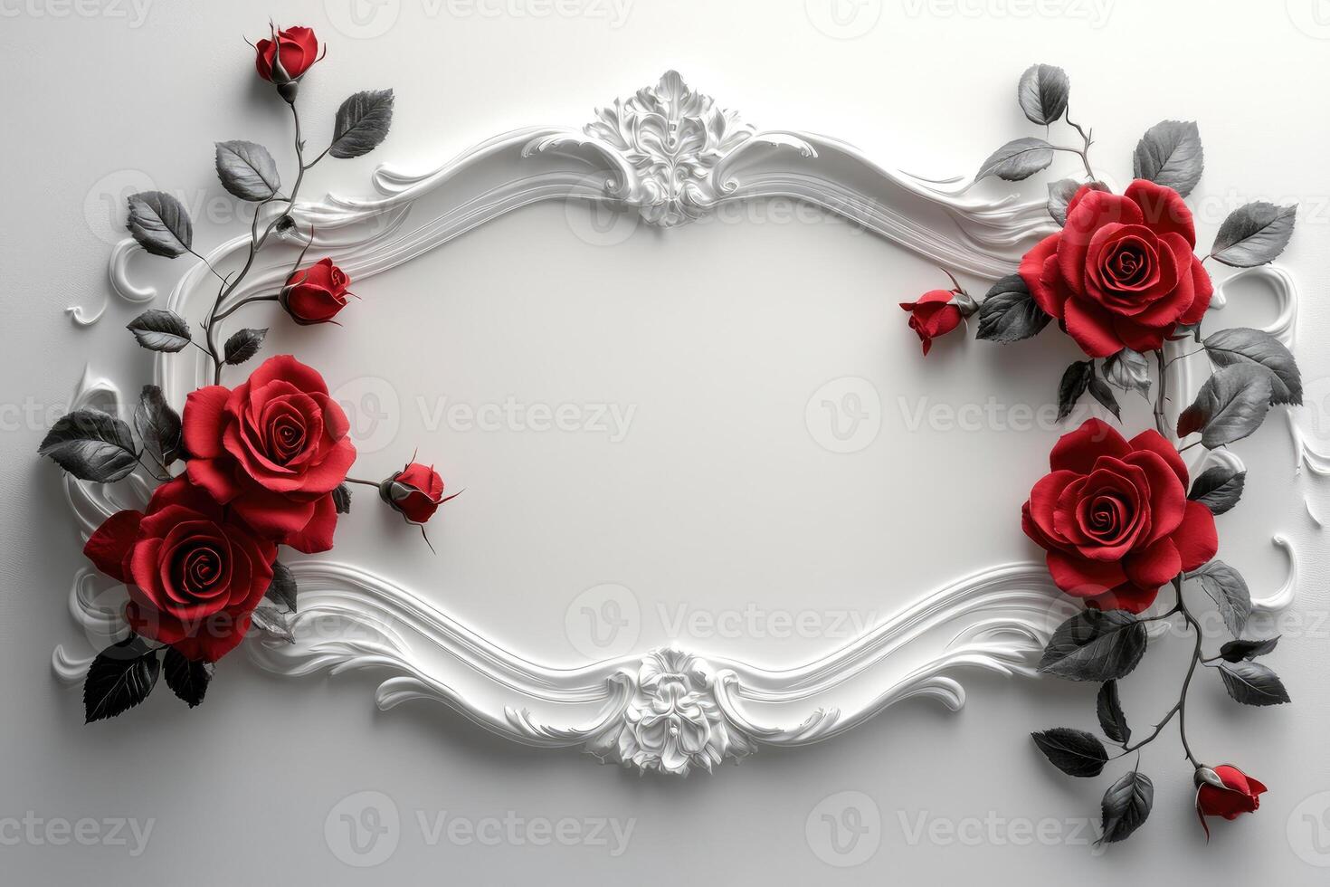 Red roses framing elegant white rococo style frame photo