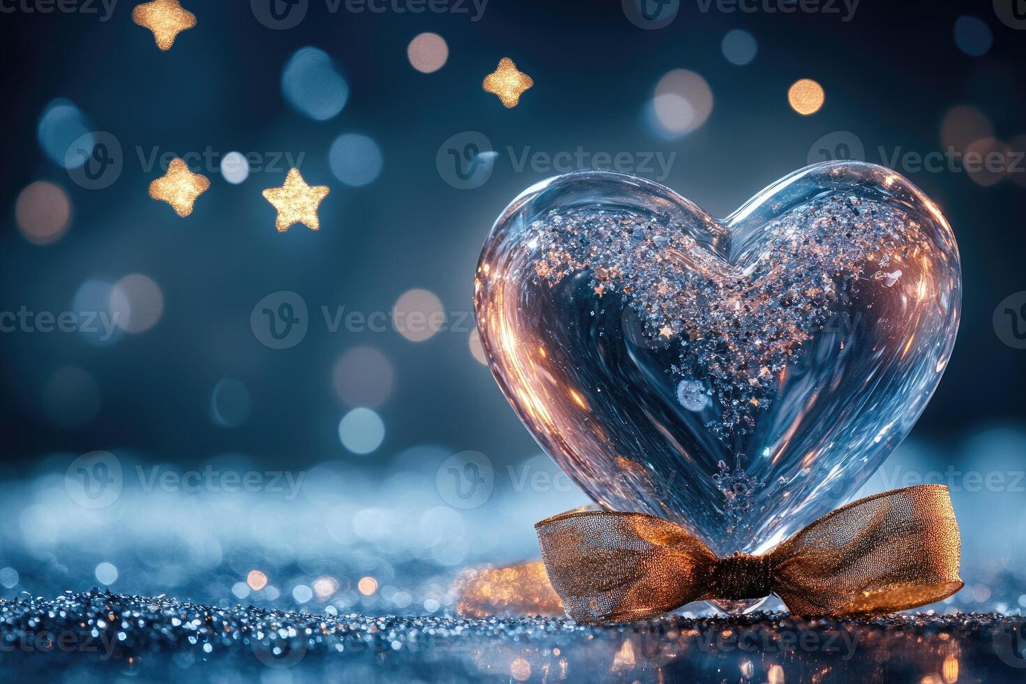 Crystal heart reflecting on a sparkling surface with golden ribbon and star photo