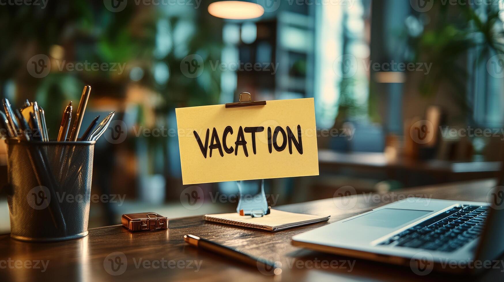 Vacation note on desk leaving laptop and pencils behind in office photo