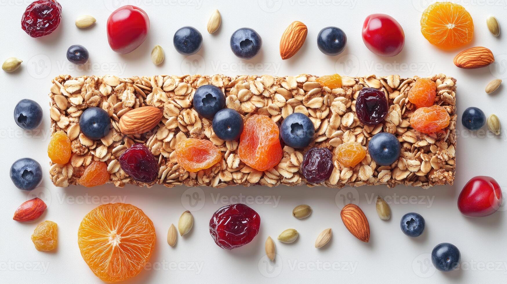Healthy granola bar with nuts, berries and dried fruits on white background photo