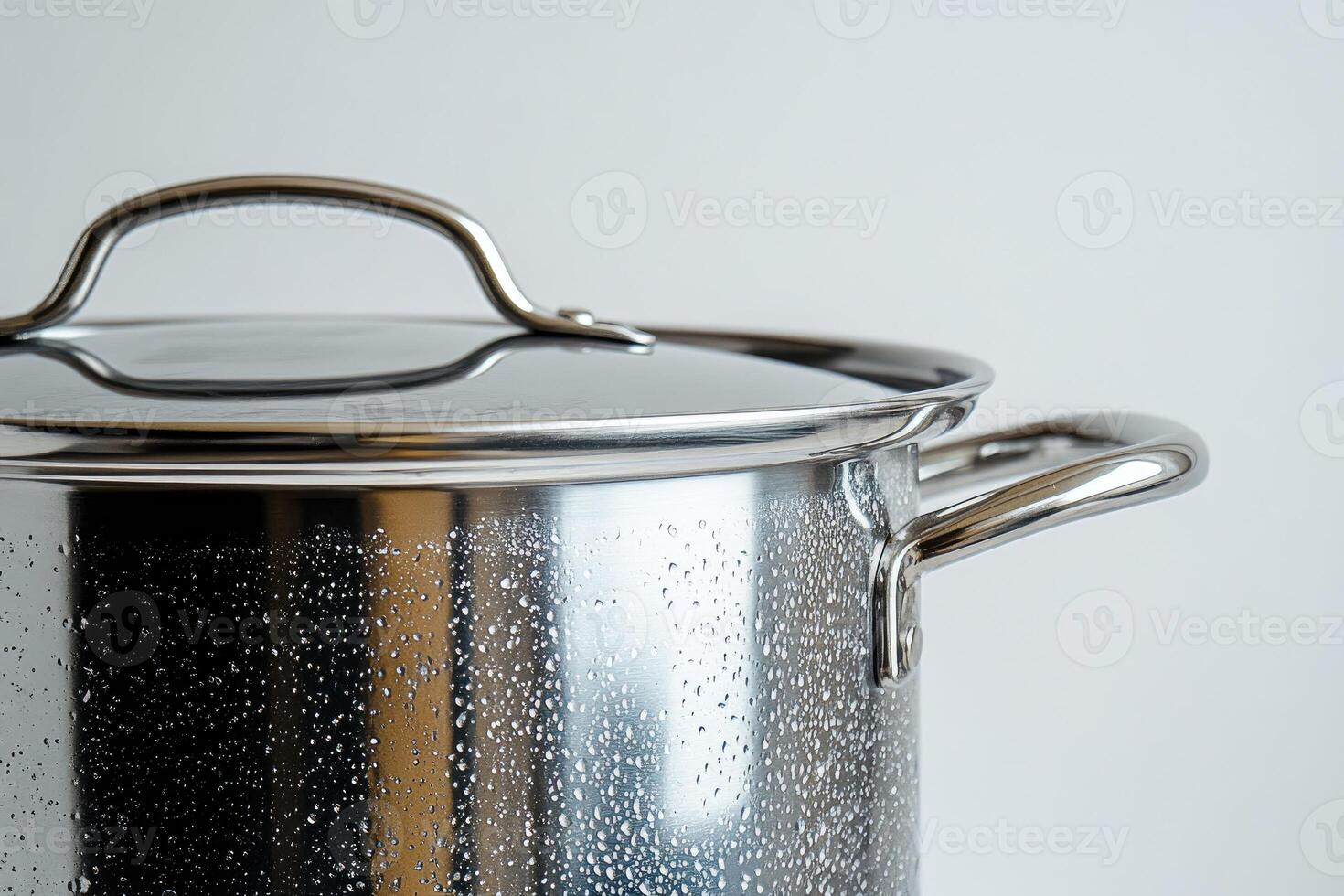 Steaming stainless steel cooking pot with lid and water droplets on white background photo