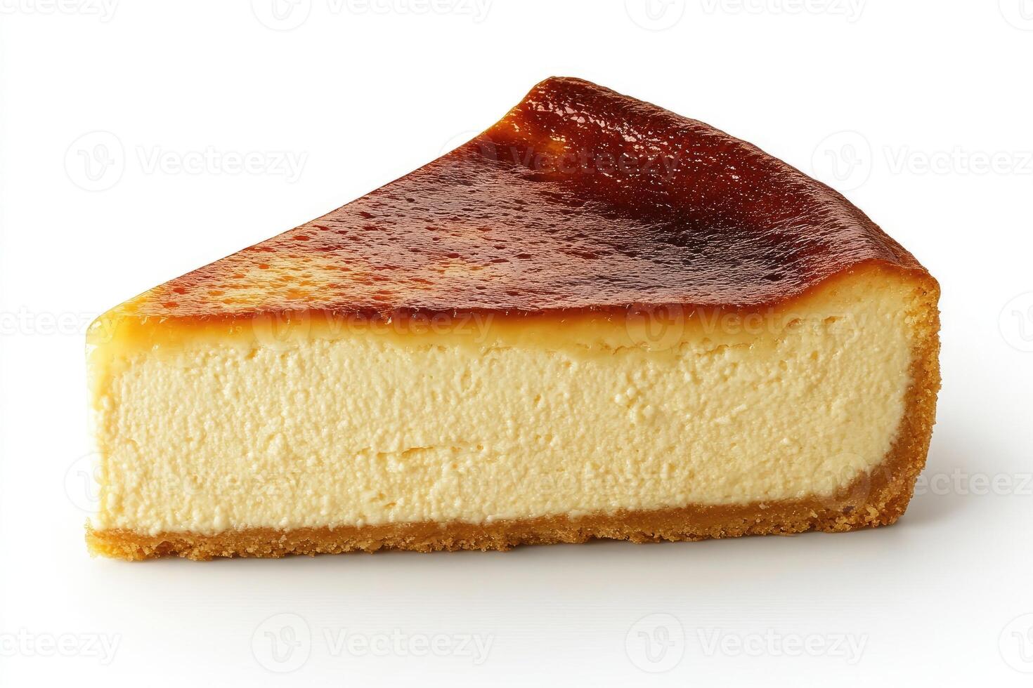 Slice of delicious basque burnt cheesecake resting on white background photo