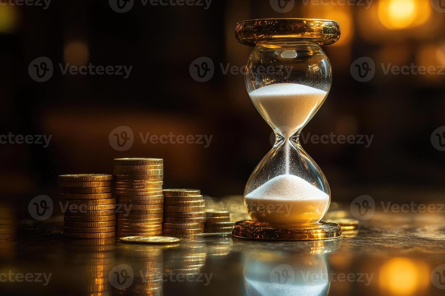 Hourglass measuring time and money with coins stacked on table photo