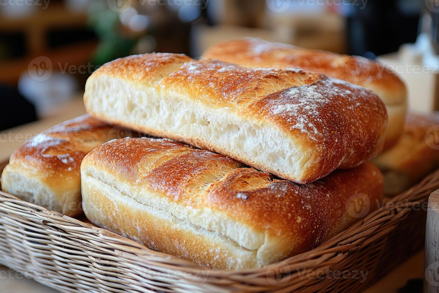 Freshly baked bread loaves resting in a wicker basket display photo