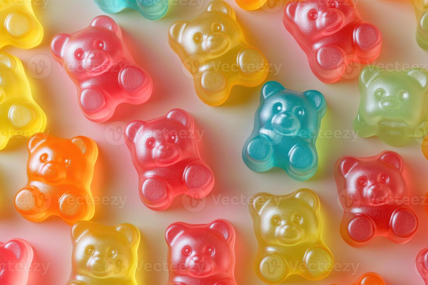 Colorful gummy bears forming a cheerful pattern on white background photo