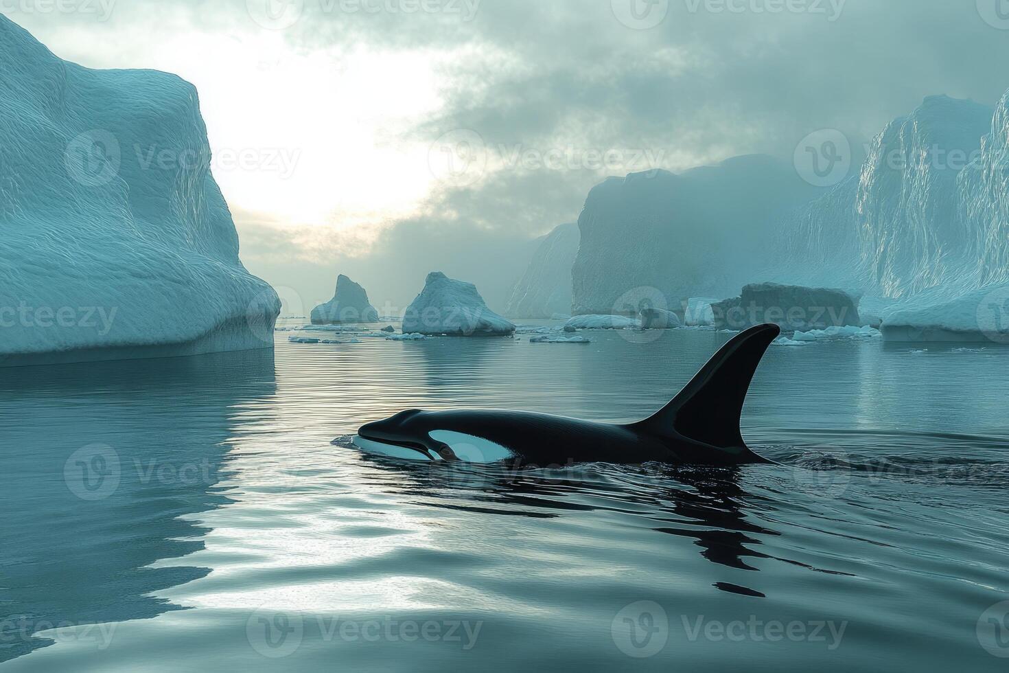 Orca swimming in arctic sea with icebergs and glaciers during sunset photo