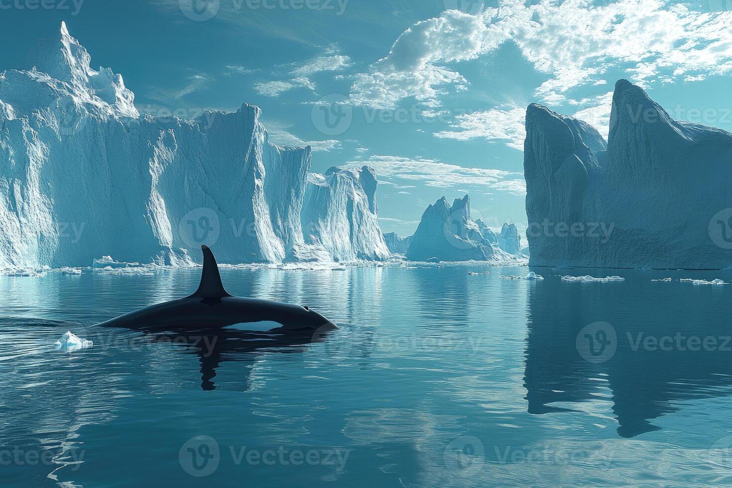 Orca swimming in arctic sea with icebergs and glaciers during sunset photo