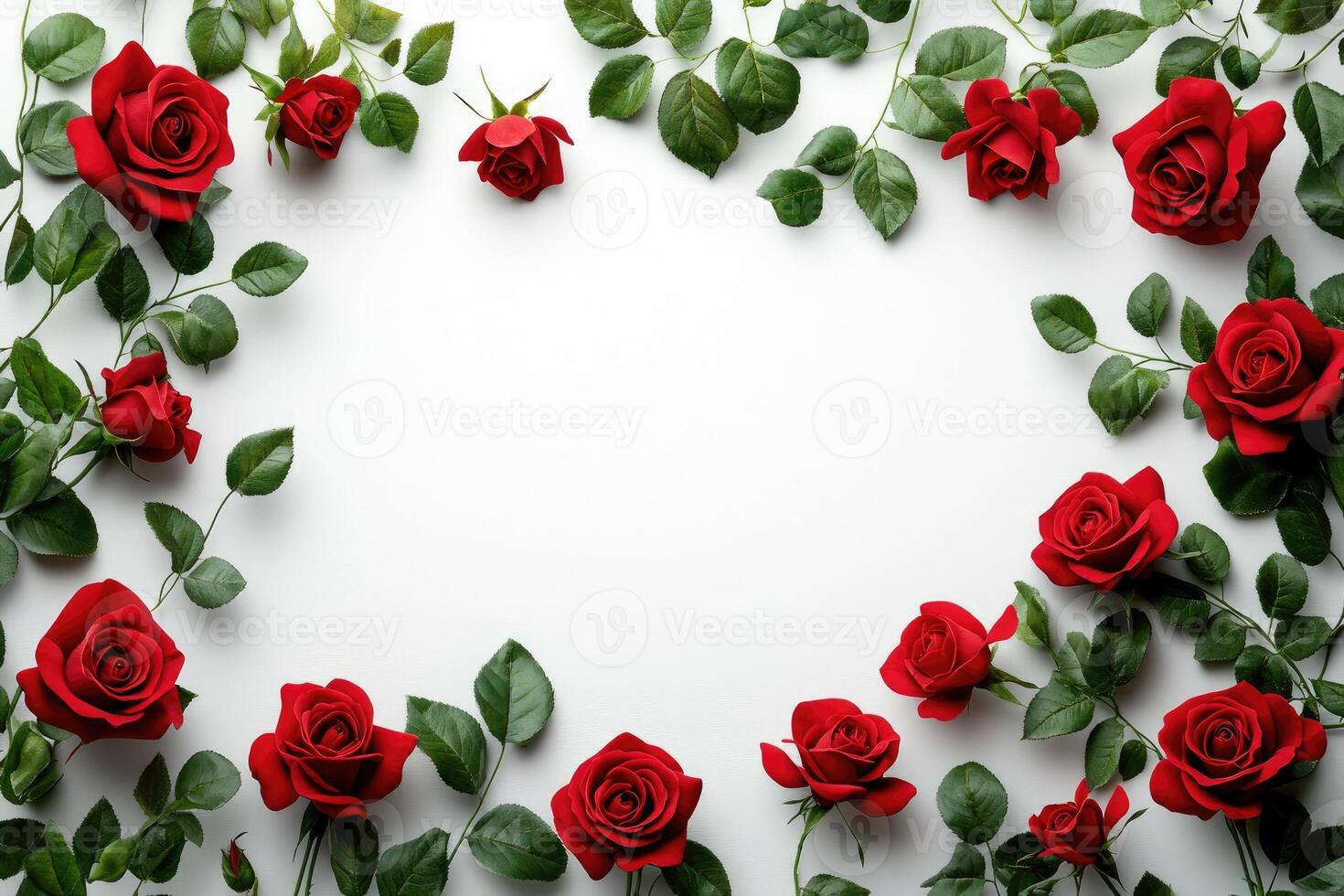 Red roses and green leaves creating a frame on white background photo