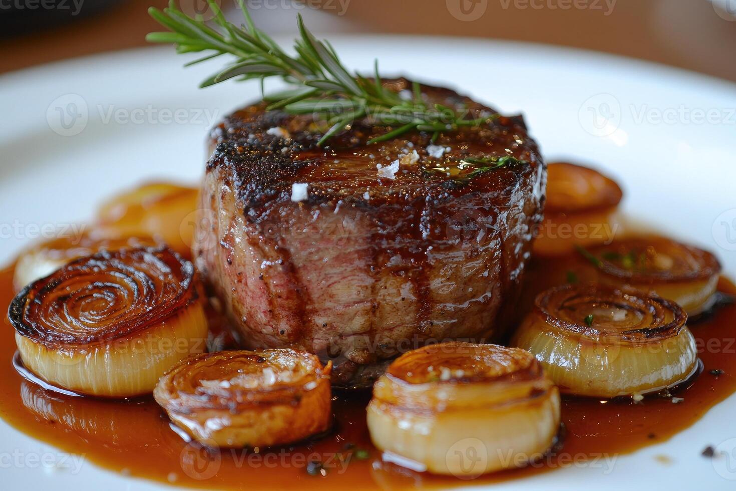 Delicious grilled beef steak with roasted onions and rosemary on white plate photo