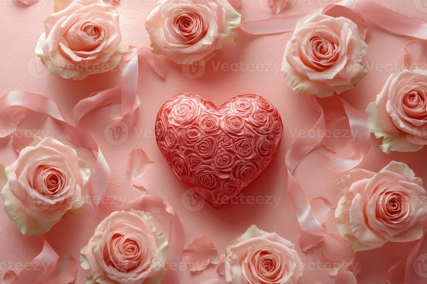 Heart shaped gift box decorated with roses and pink ribbons for valentine's day photo