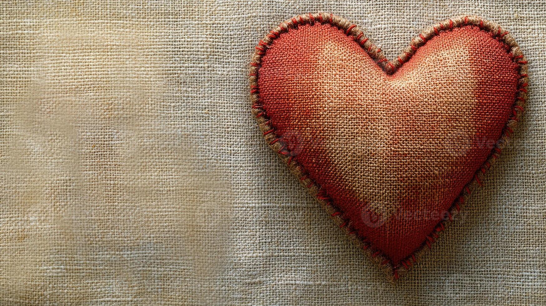 Red rustic handmade heart sewing laying on burlap background representing love and valentine's day photo