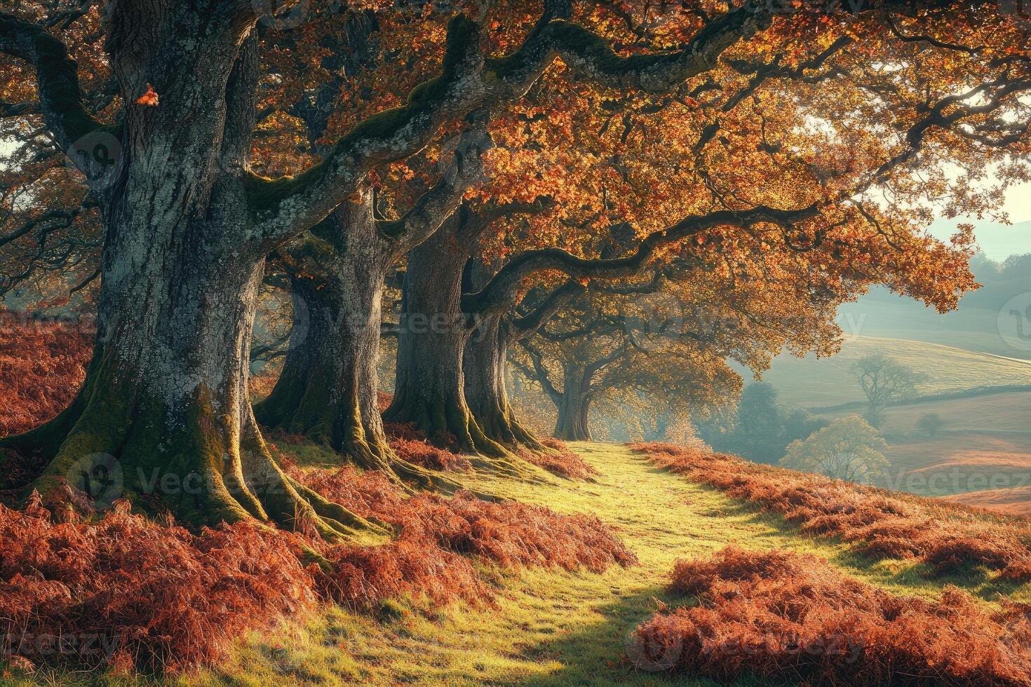 Majestic autumn trees guarding the path to rolling hills photo