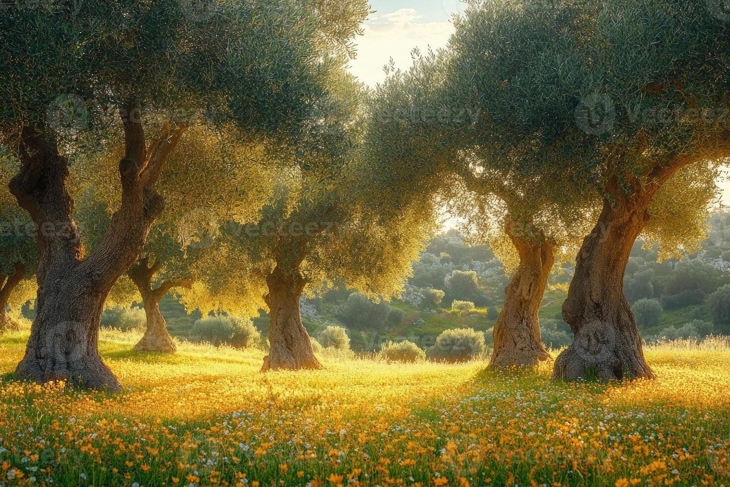Olive trees growing in a field of yellow flowers at sunset photo