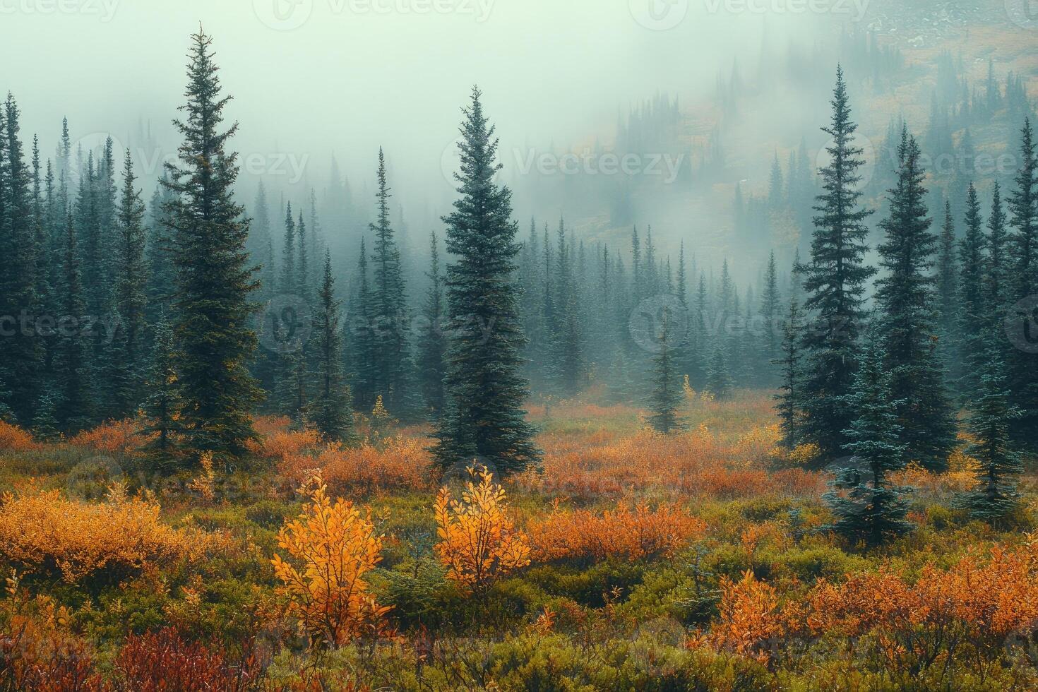 Fog rolling over a meadow in an autumn forest photo