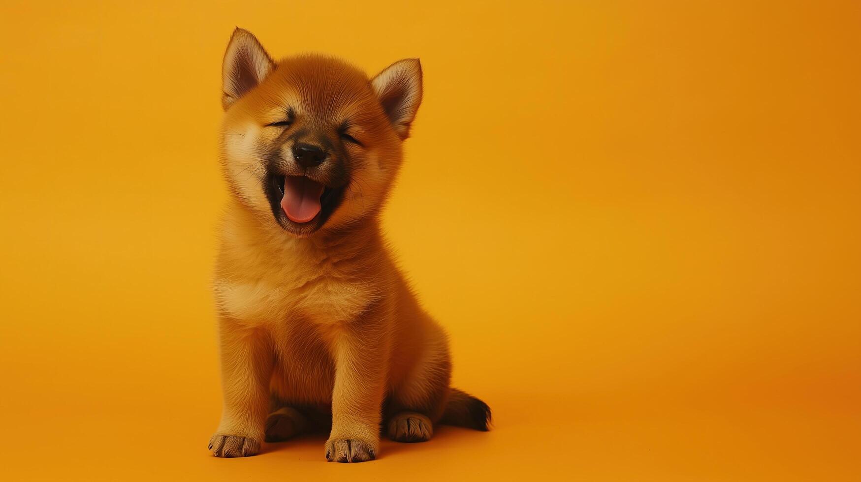 Cheerful Shiba Inu Puppy with Fluffy Coat on Solid Orange Background photo