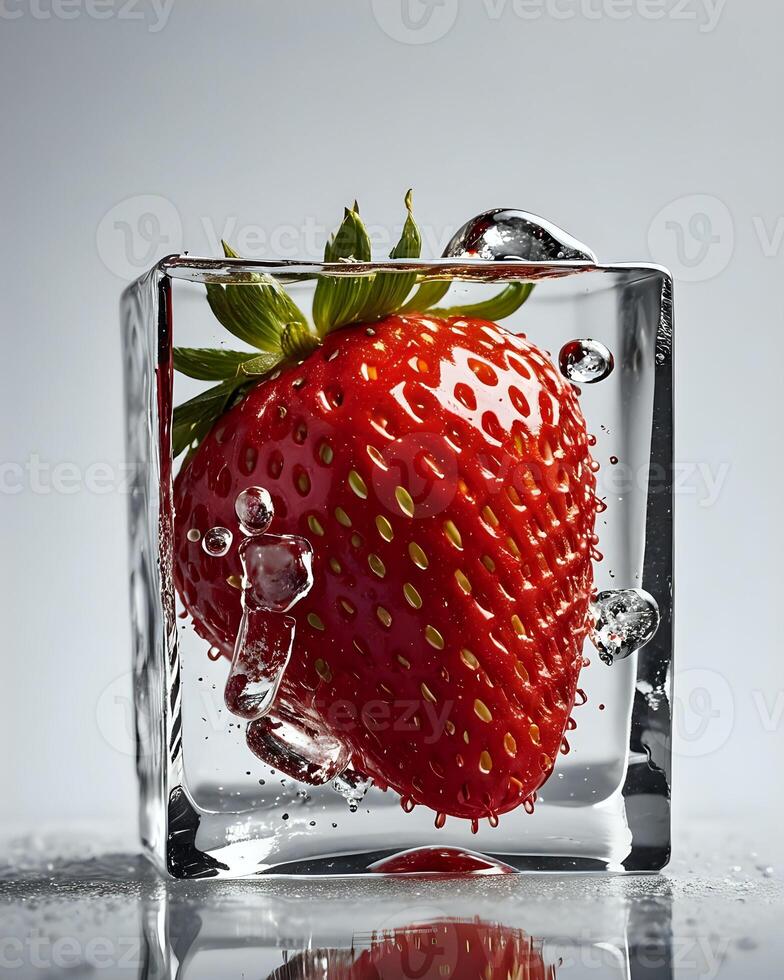 A strawberry is sitting in a cube of ice photo