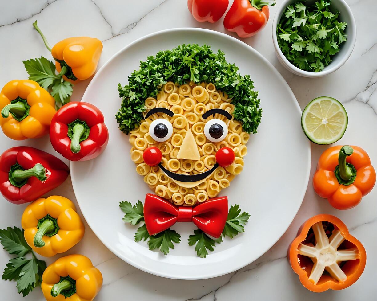 A pasta face made out of vegetables and herbs photo