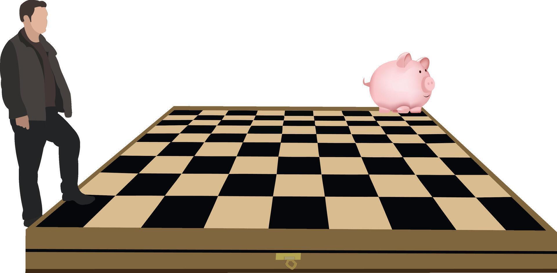 A man is standing on a chess board with a piggy bank vector