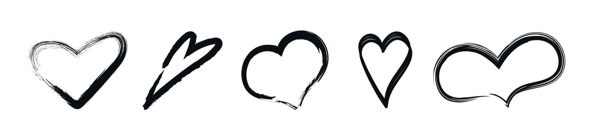 Set collection of Valentine grunge brush ink markers and crayons hearts icons vector