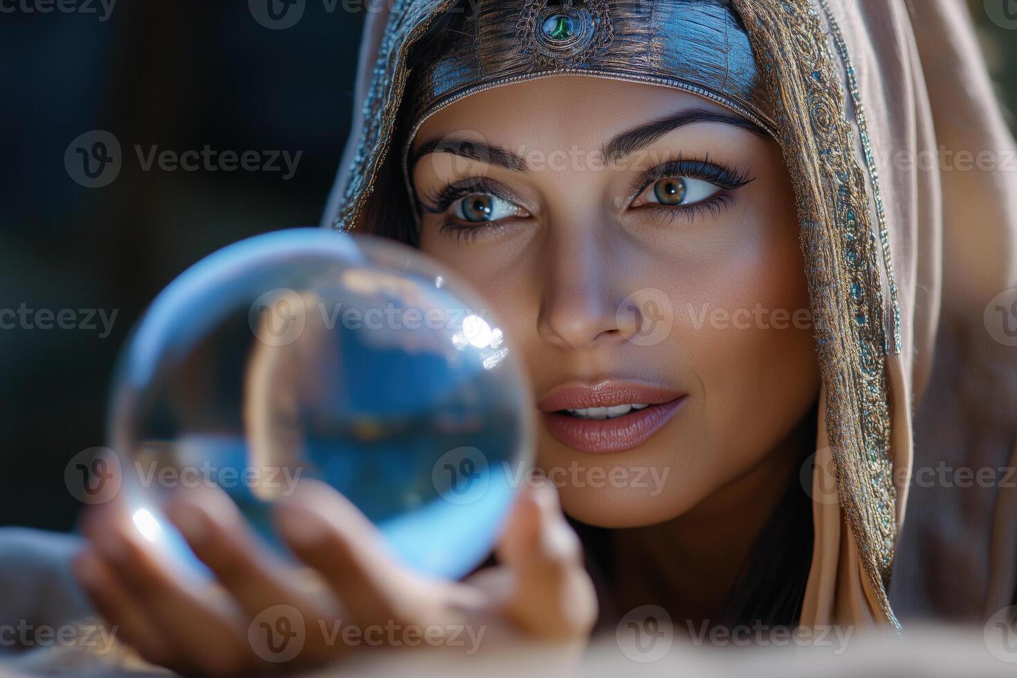Gypsy fortune teller peers into a glass ball photo