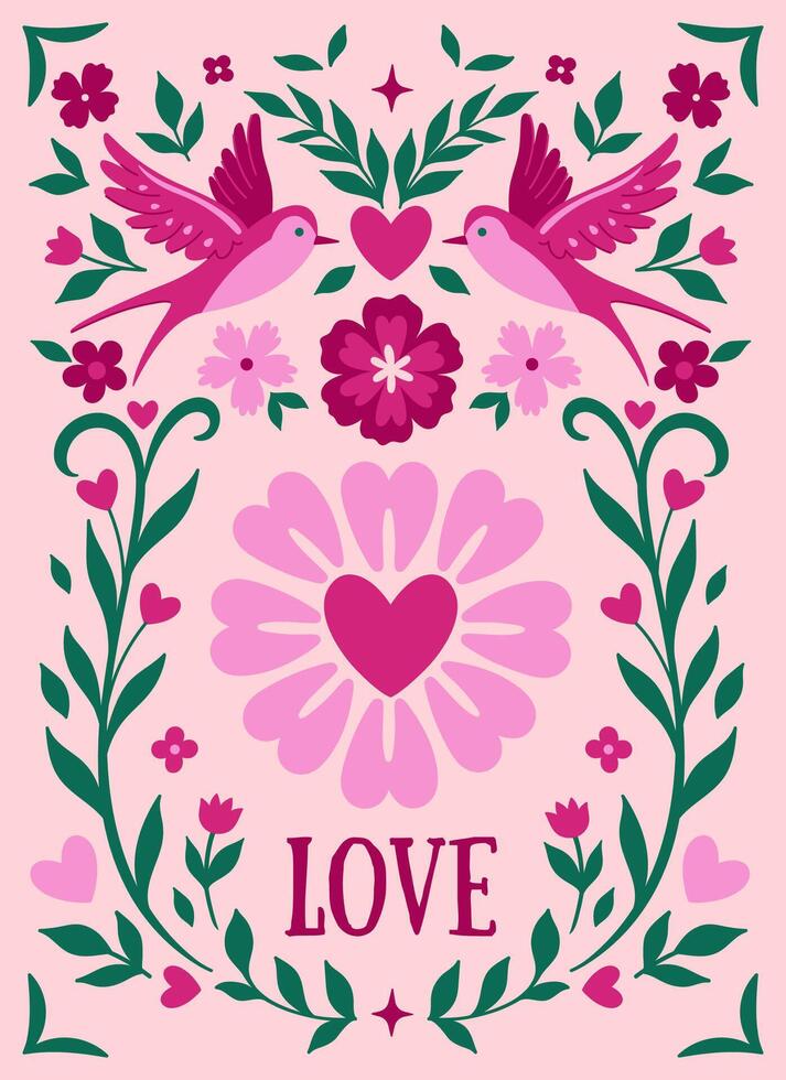 Valentine's day card or poster with birds, hearts and flowers. graphics. vector
