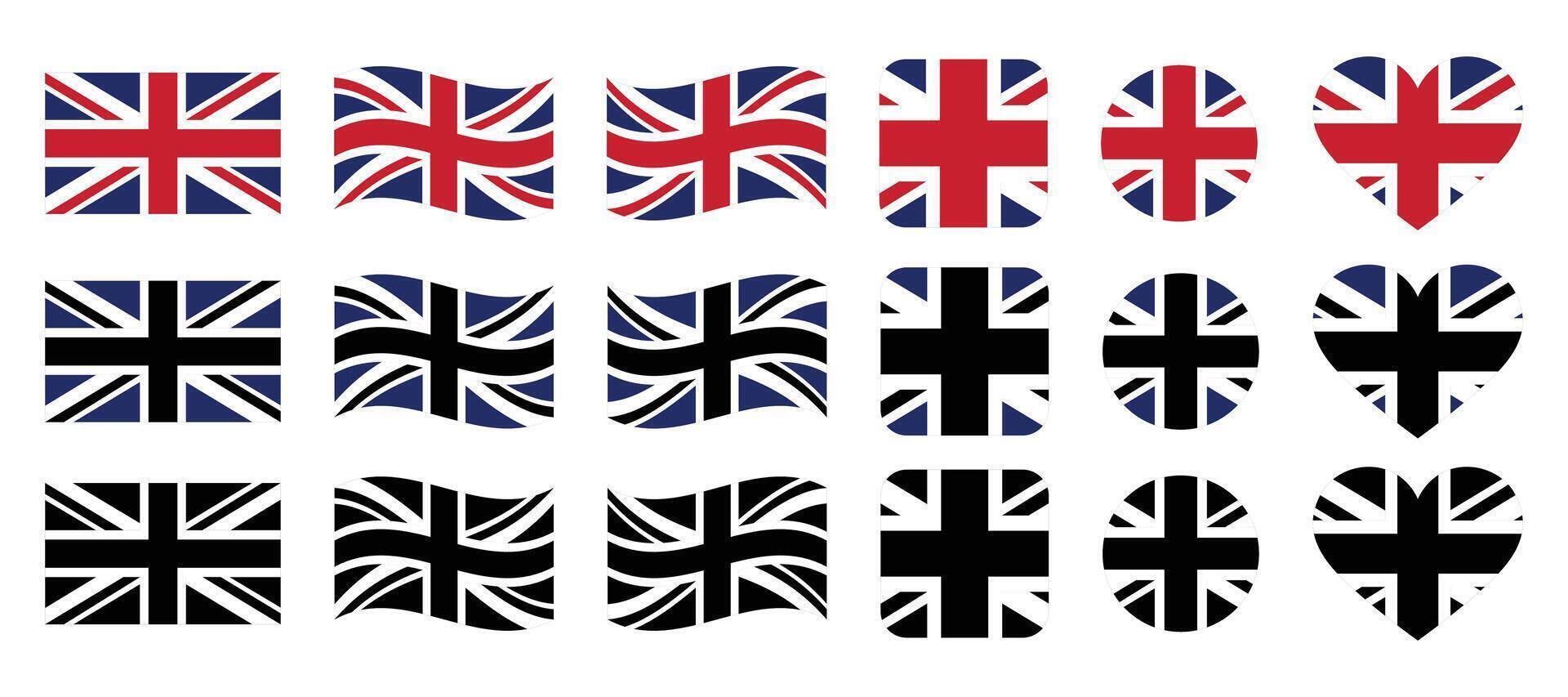 British flag designs in various styles and shapes. British flag icon. vector