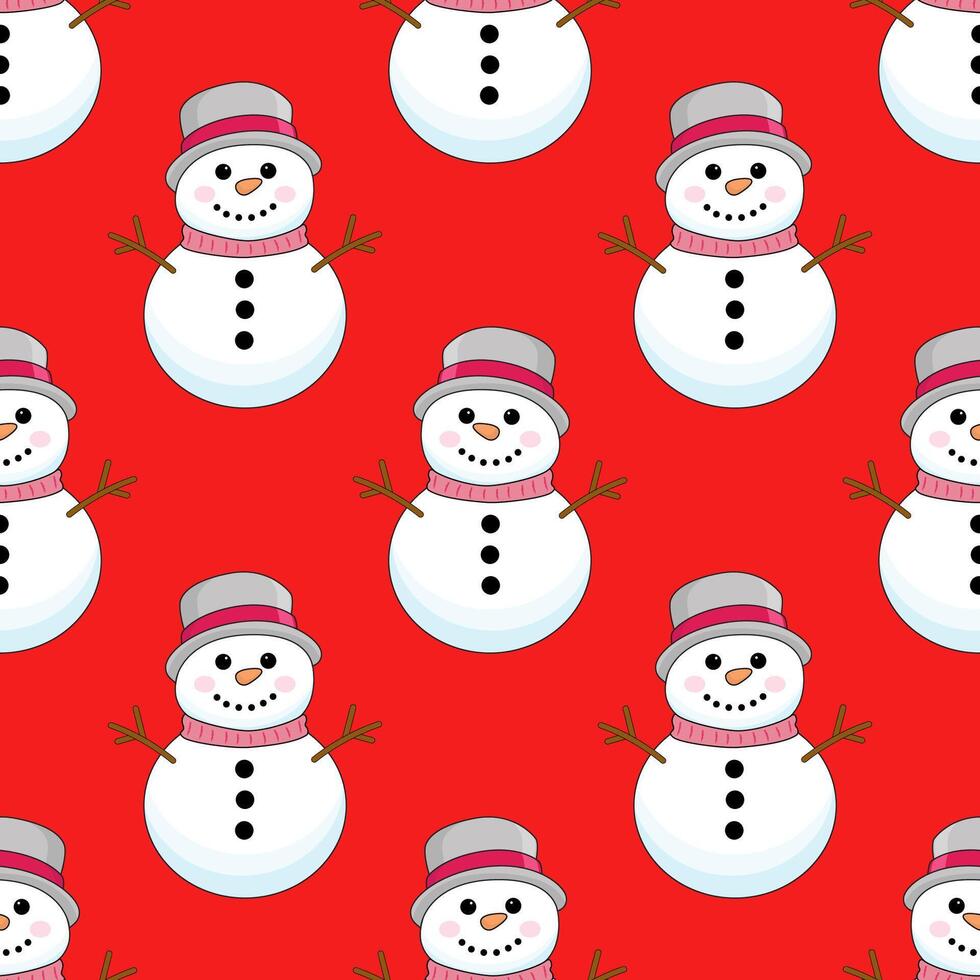 Seamless Christmas pattern with snowmen. Winter pattern for the new year on a red background vector