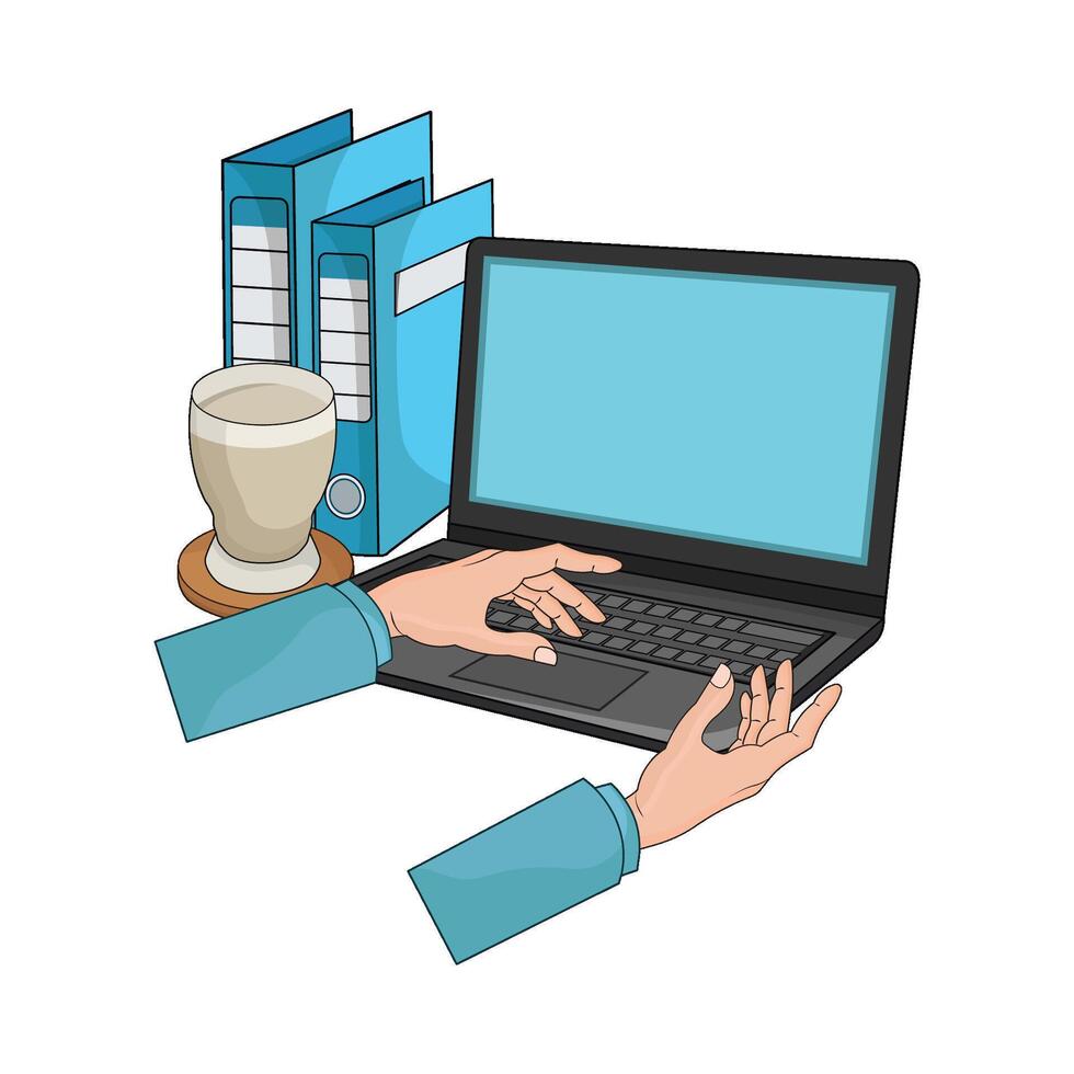 illustration of laptop with coffee and blue binder vector
