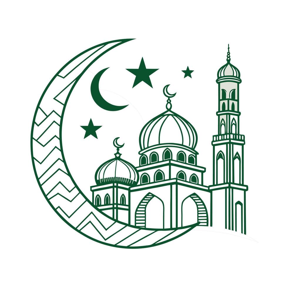 illustration of a mosque, crescent moon, and star vector